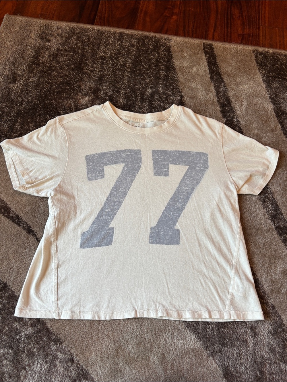 American Eagle Outfitters Cream Short-Sleeve Tee with Grey Logo
